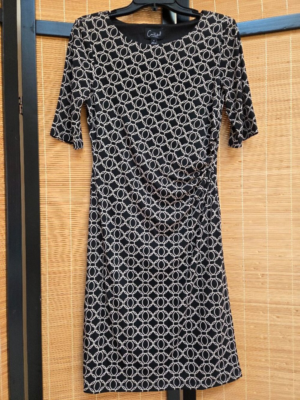Connected Apparel Women's 6 Black/Cream Midi Wrap Dress Short Sleeve Work Preppy